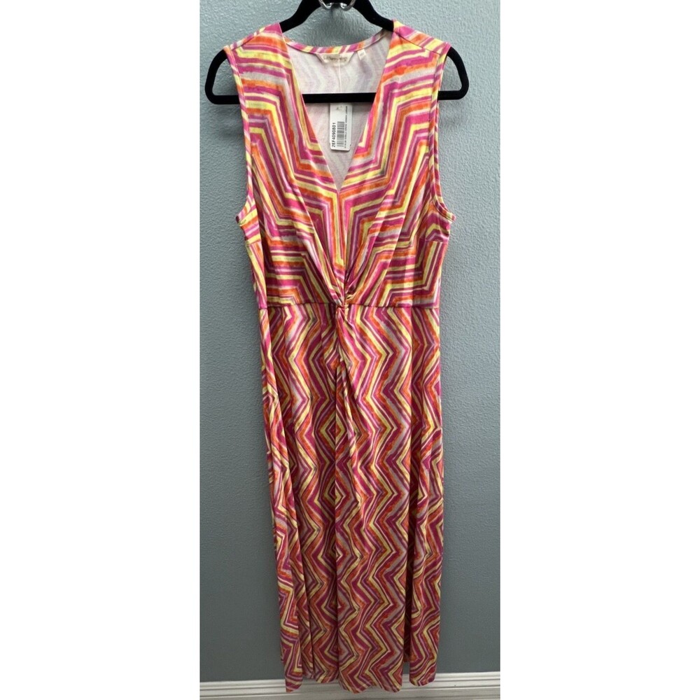 Soft Surroundings Giselli Maxi Dress L Pink Orange Chevron Twist Front NWT